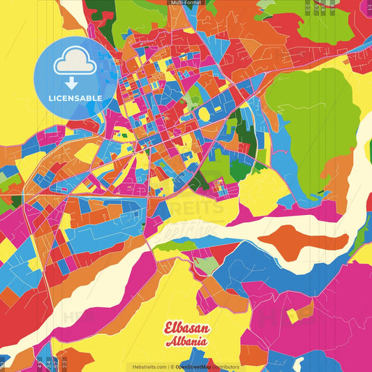 Elbasan, Albania Crazy Colorful Street Map Poster Template