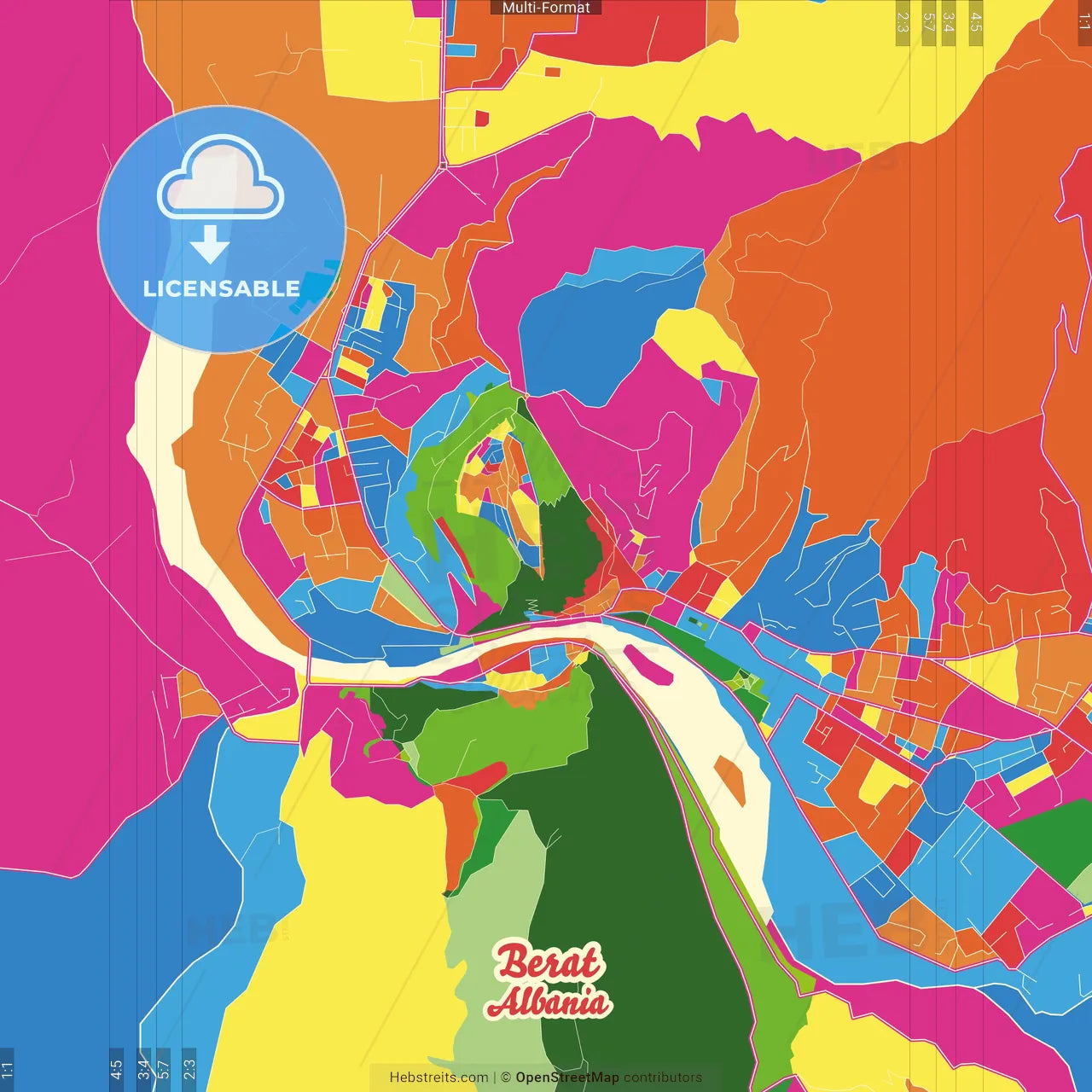 Berat, Albania Crazy Colorful Street Map Poster Template