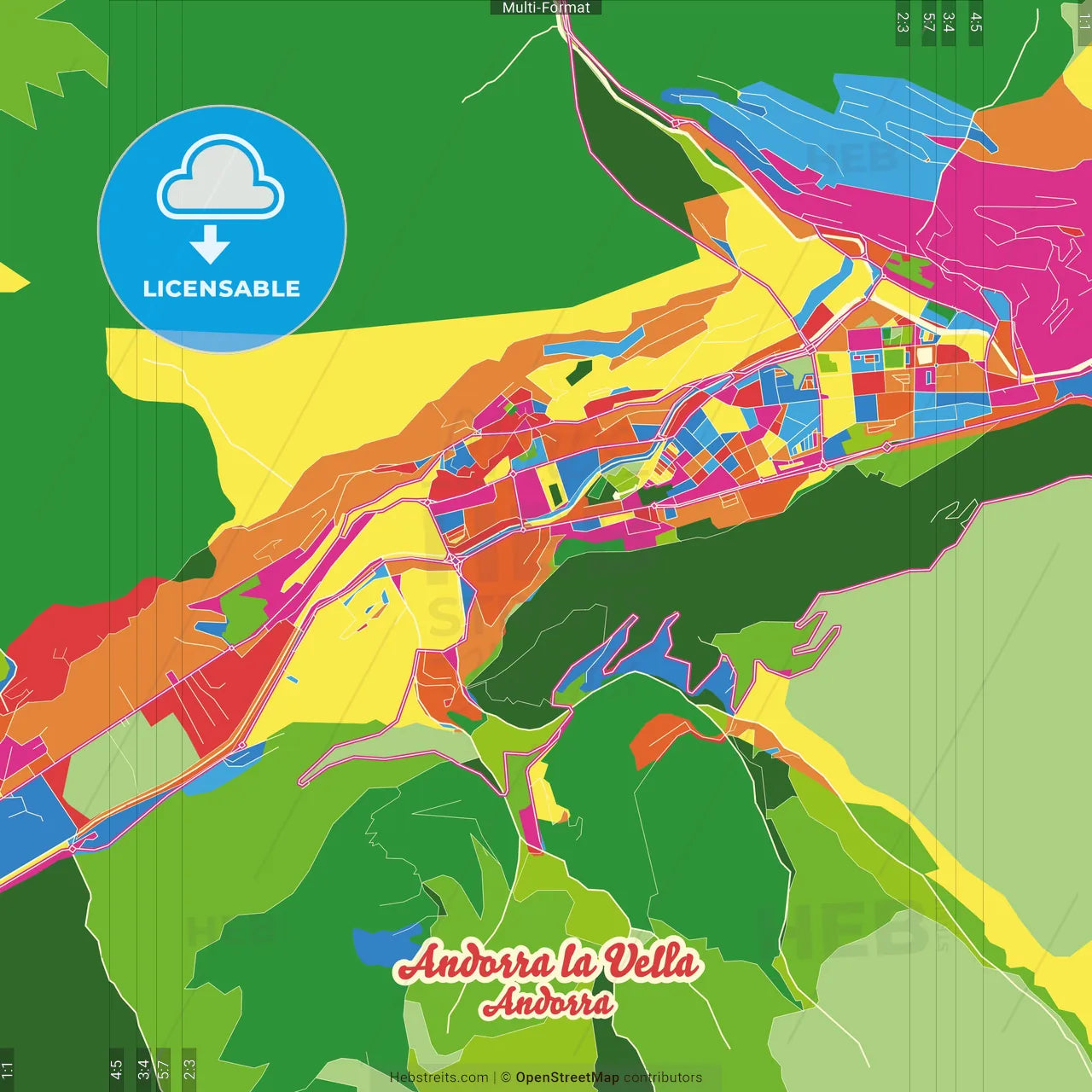 Andorra la Vella, Andorra Crazy Colorful Street Map Poster Template
