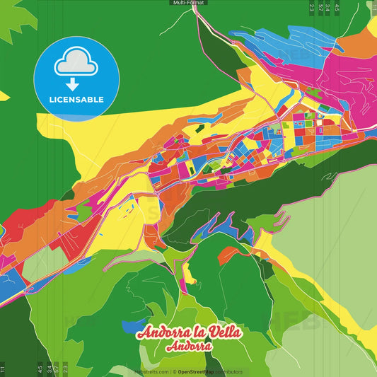 Andorra la Vella, Andorra Crazy Colorful Street Map Poster Template