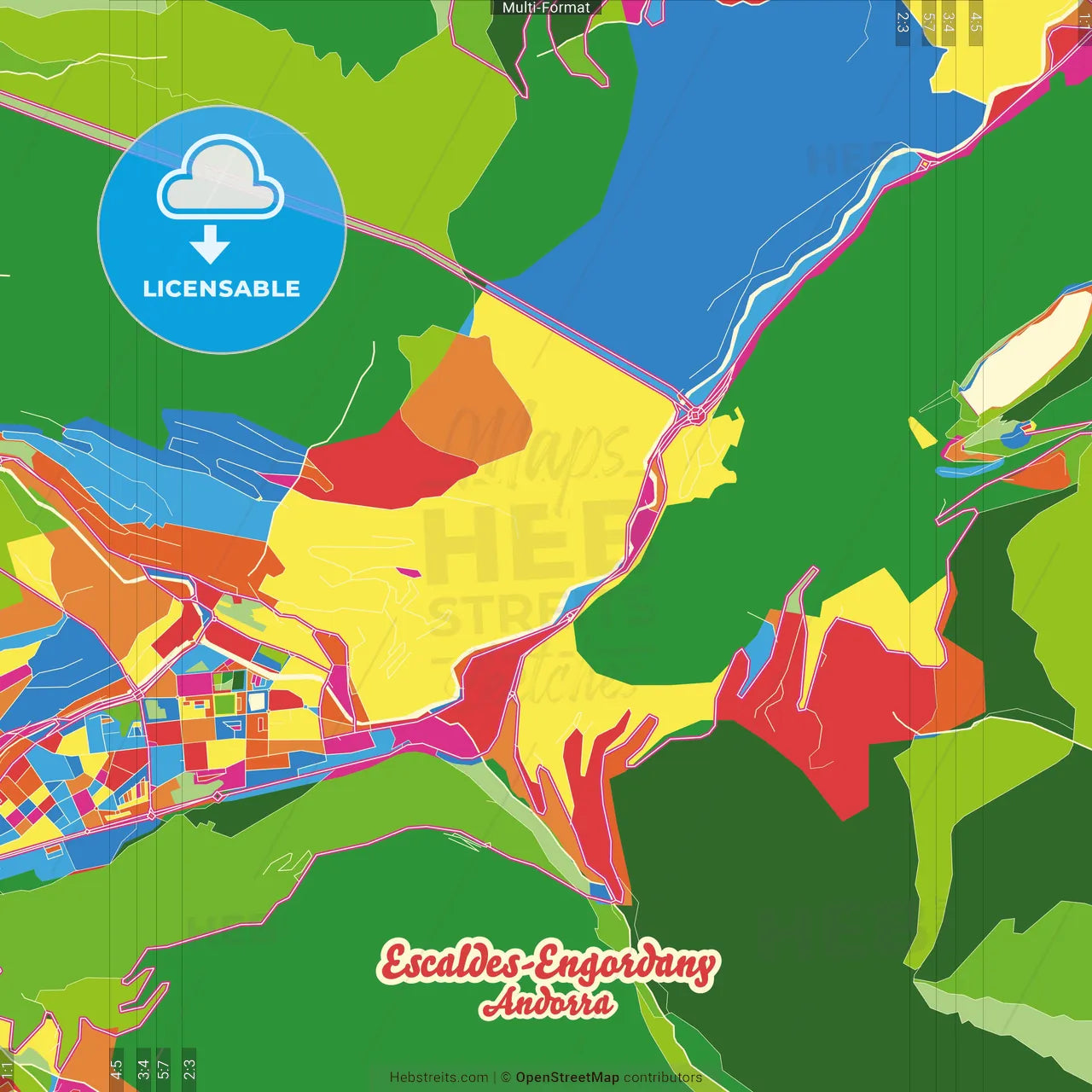 Escaldes-Engordany, Andorra Crazy Colorful Street Map Poster Template