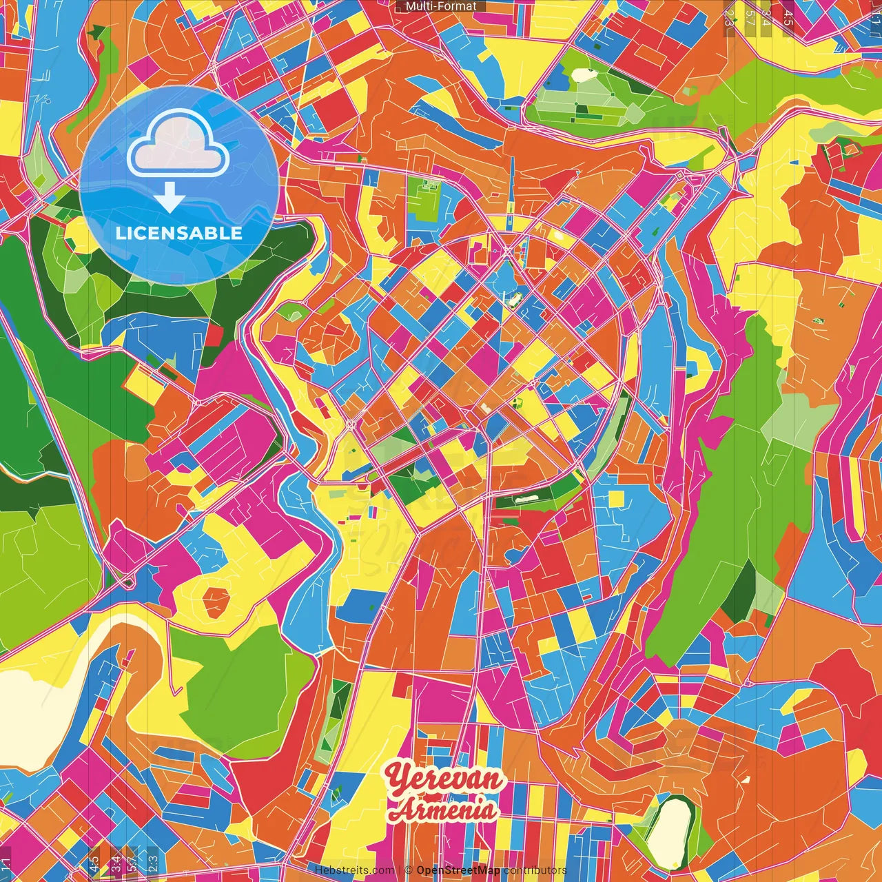 Yerevan, Armenia Crazy Colorful Street Map Poster Template