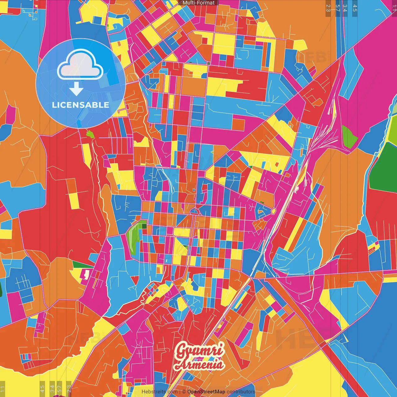 Gyumri, Shirak, Armenia Crazy Colorful Street Map Poster Template