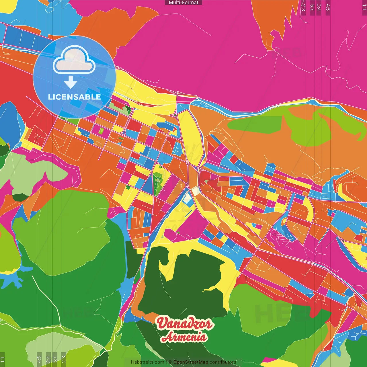 Vanadzor, Lori, Armenia Crazy Colorful Street Map Poster Template