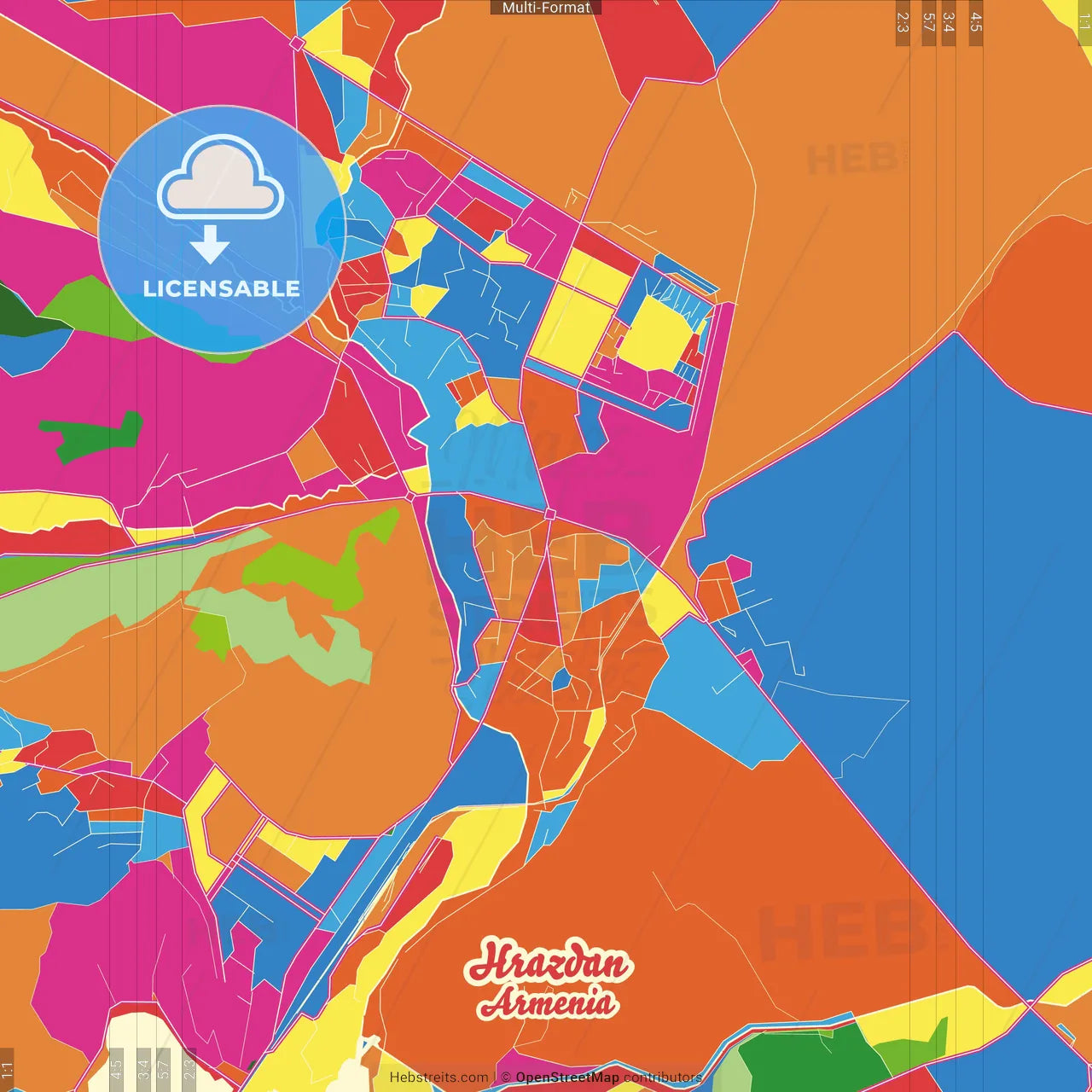 Hrazdan, Kotayk, Armenia Crazy Colorful Street Map Poster Template