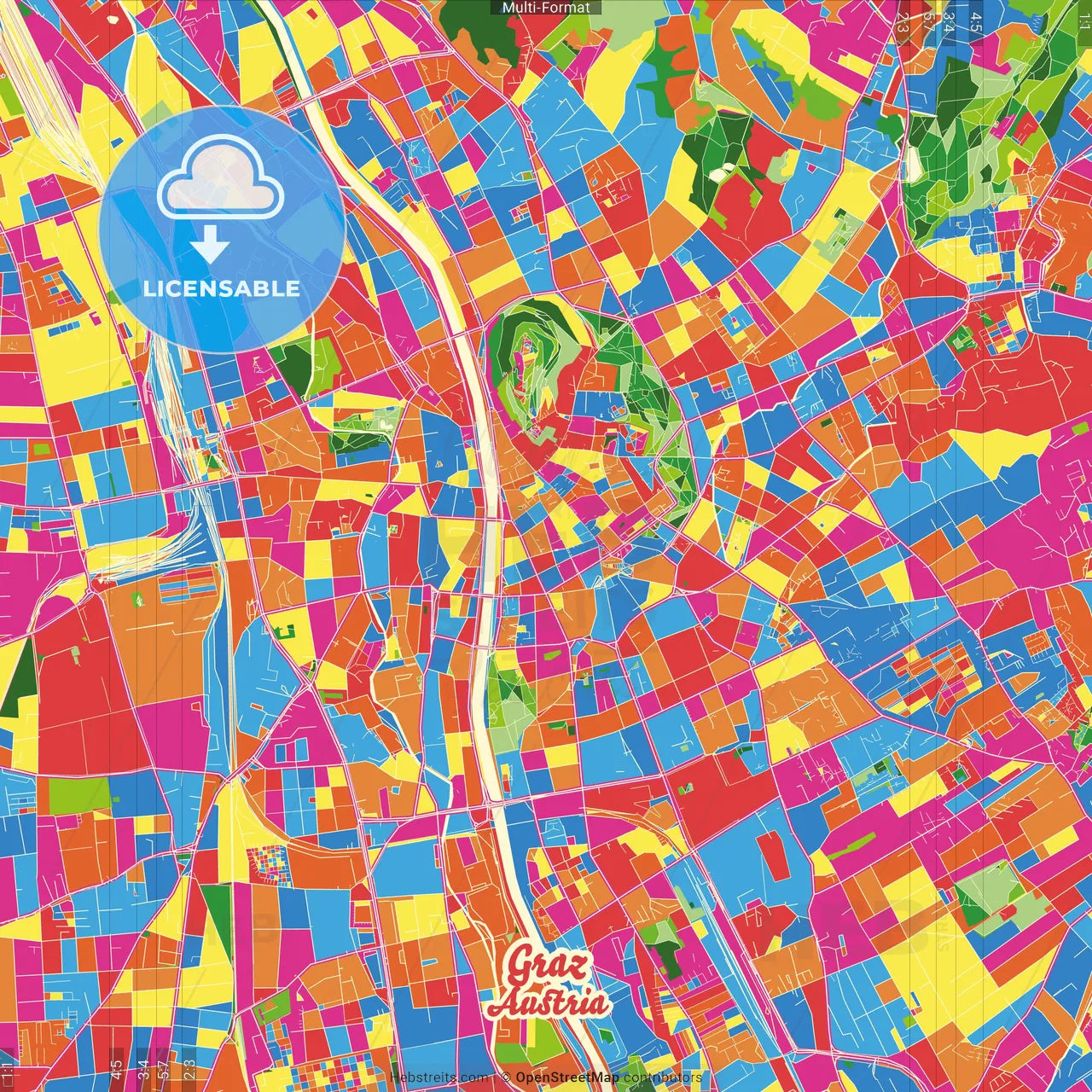 Graz, Styria, Austria Crazy Colorful Street Map Poster Template