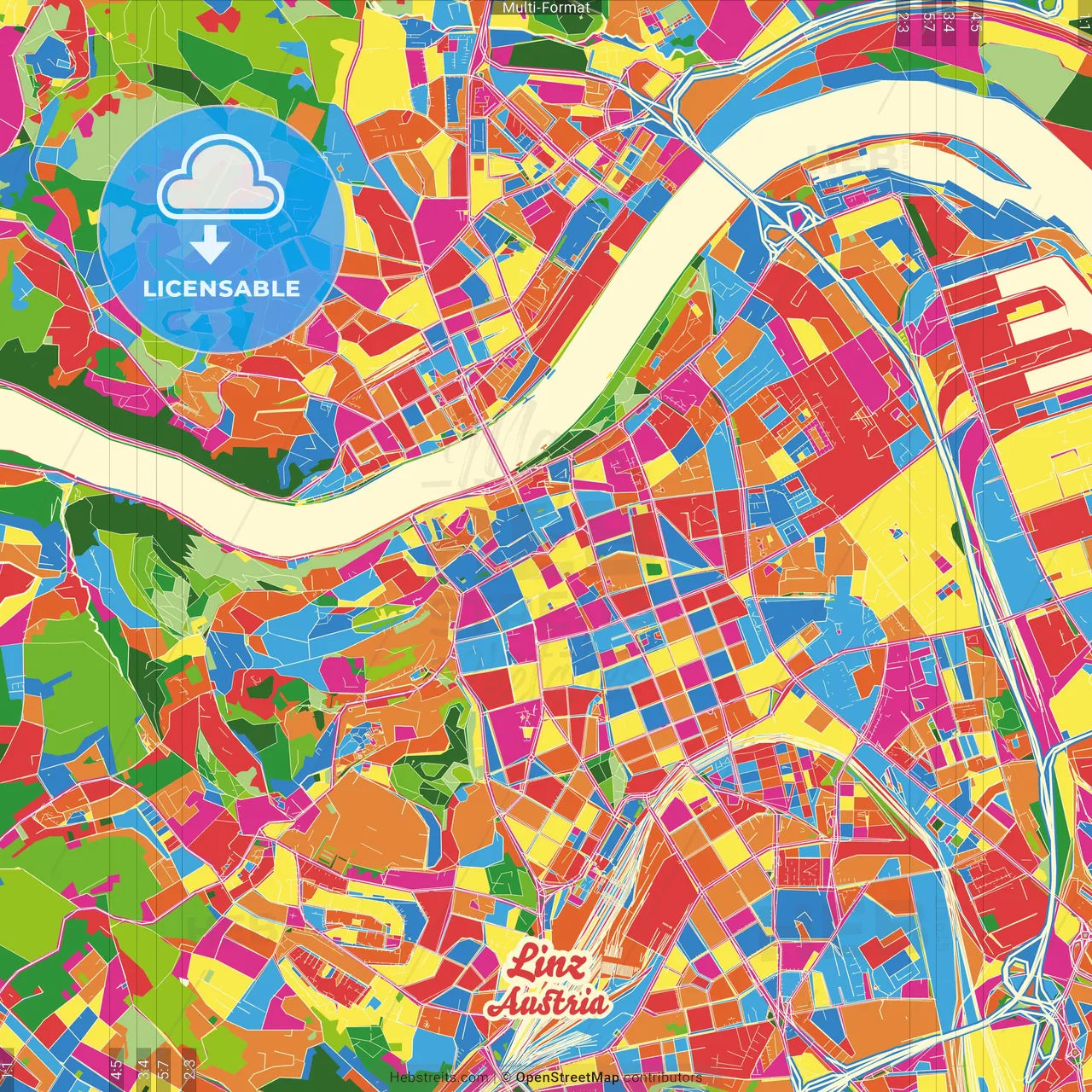 Linz, Upper Austria, Austria Crazy Colorful Street Map Poster Template