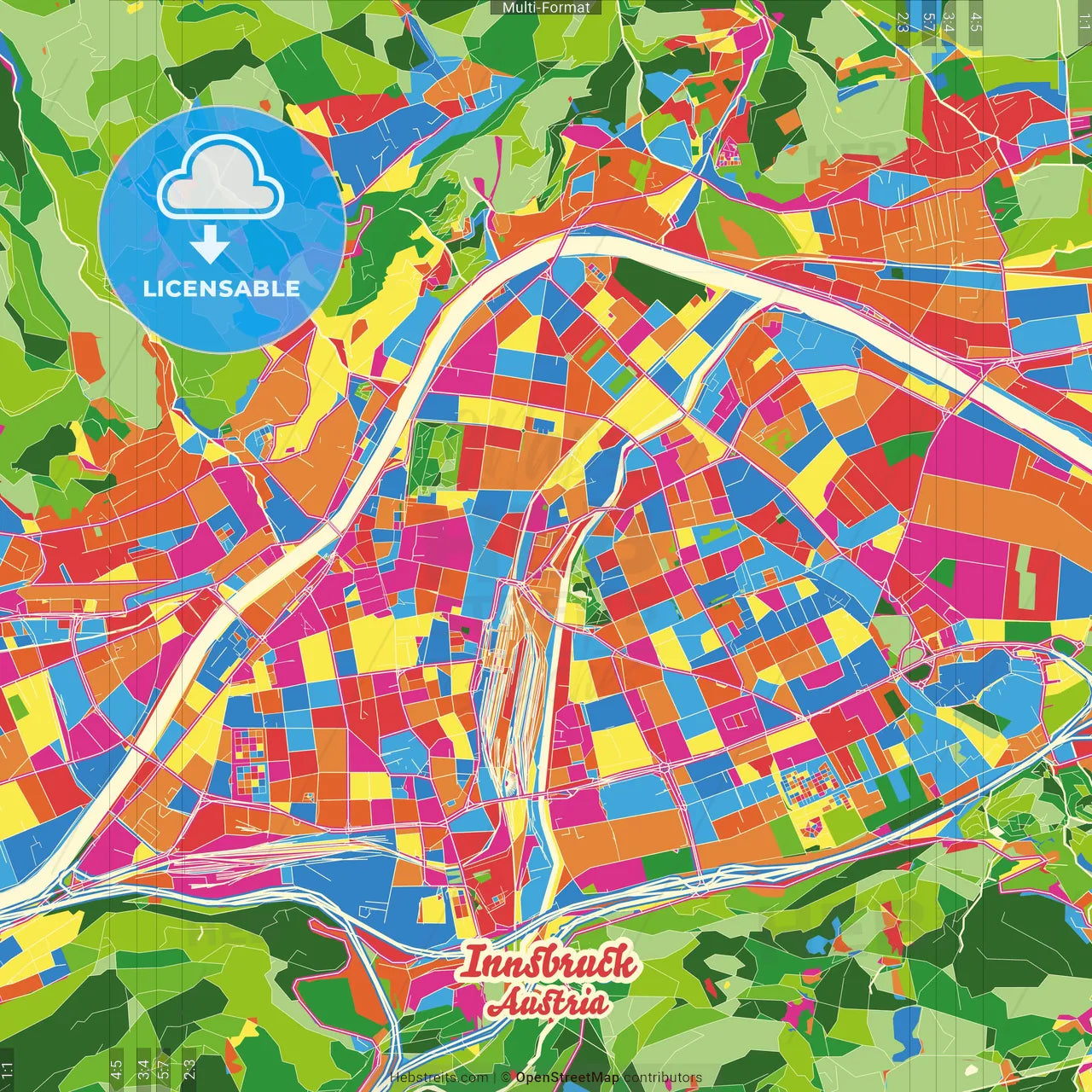 Innsbruck, Tyrol, Austria Crazy Colorful Street Map Poster Template