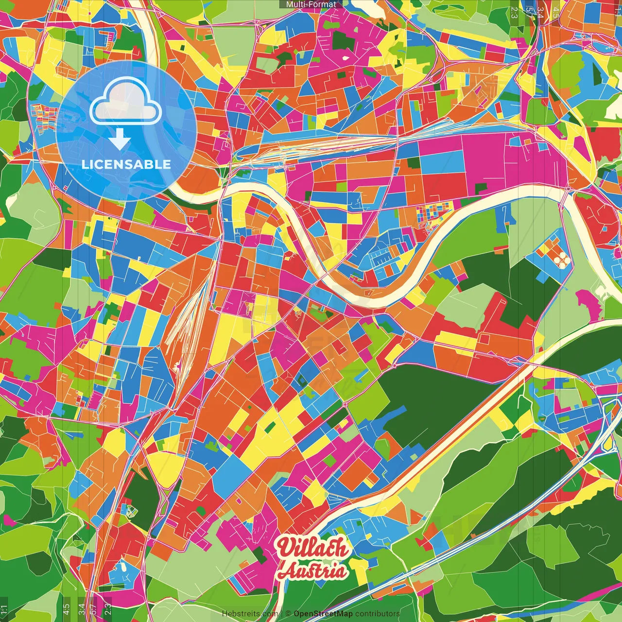 Villach, Carinthia, Austria Crazy Colorful Street Map Poster Template