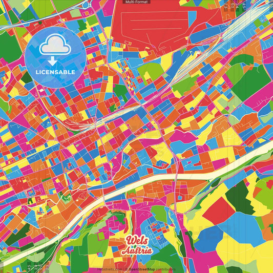 Wels, Upper Austria, Austria Crazy Colorful Street Map Poster Template