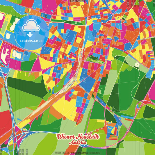 Wiener Neustadt, Lower Austria, Austria Crazy Colorful Street Map Poster Template