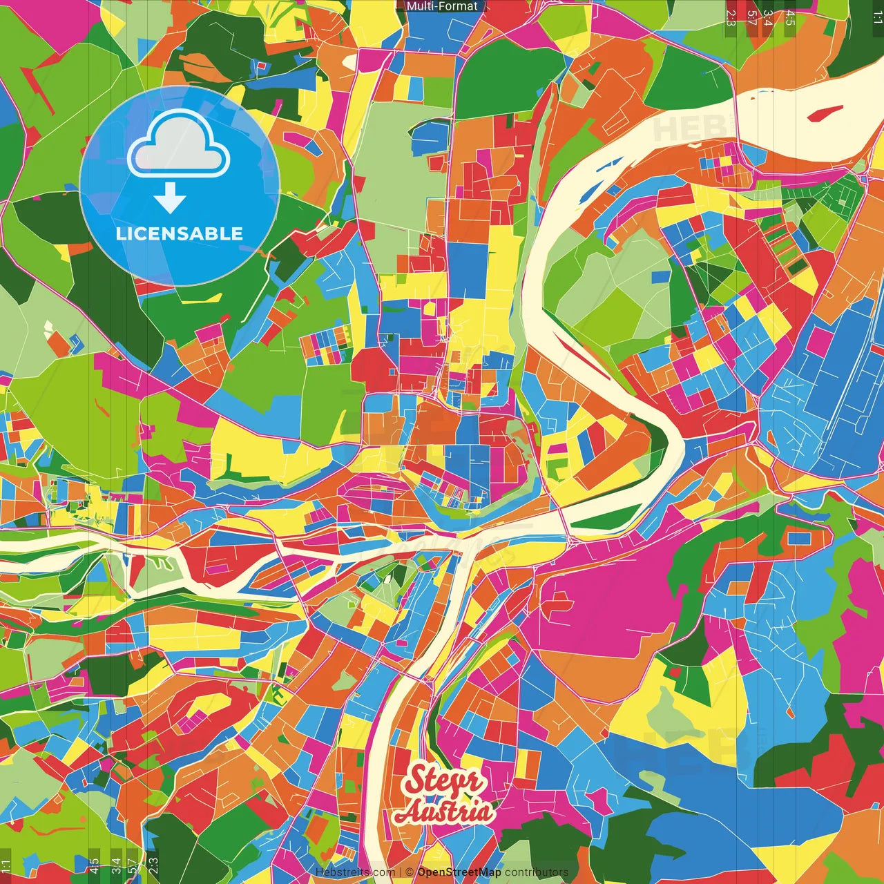 Steyr, Upper Austria, Austria Crazy Colorful Street Map Poster Template