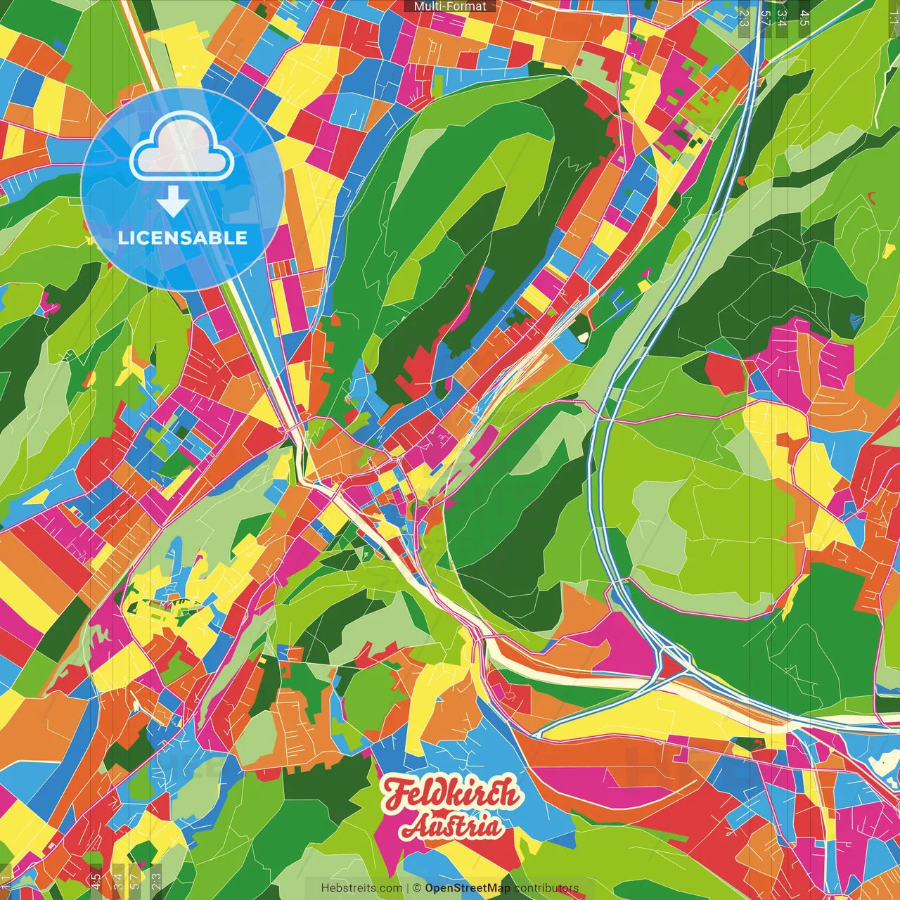 Feldkirch, Vorarlberg, Austria Crazy Colorful Street Map Poster Template