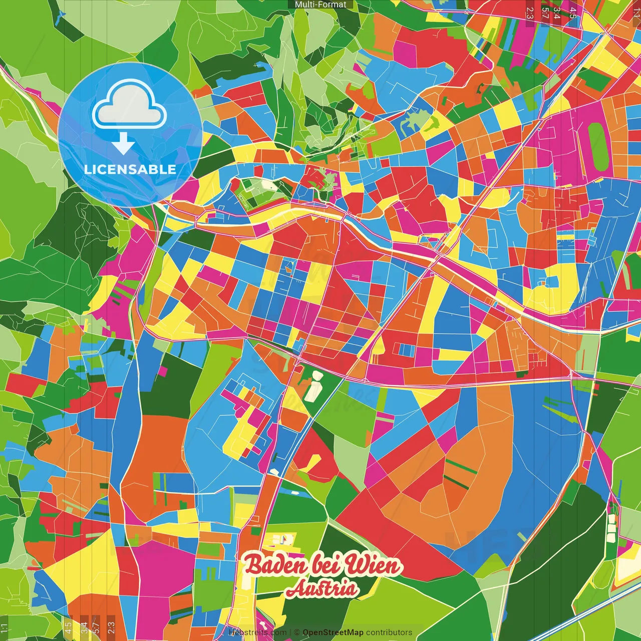 Baden bei Wien, Lower Austria, Austria Crazy Colorful Street Map Poster Template