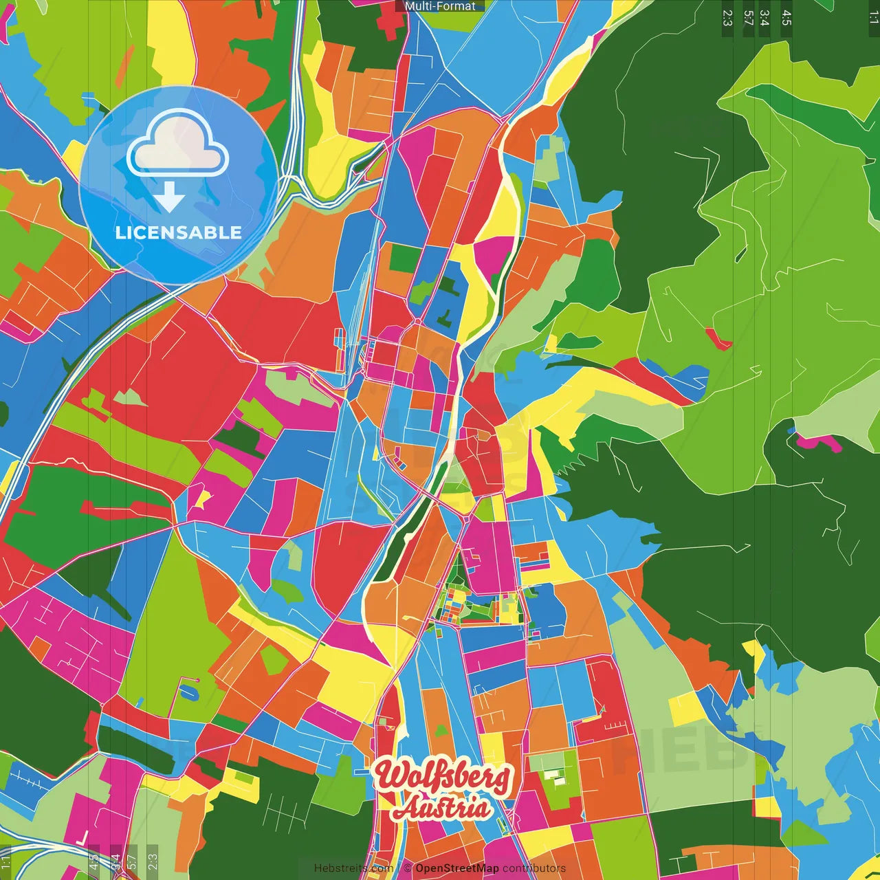 Wolfsberg, Carinthia, Austria Crazy Colorful Street Map Poster Template