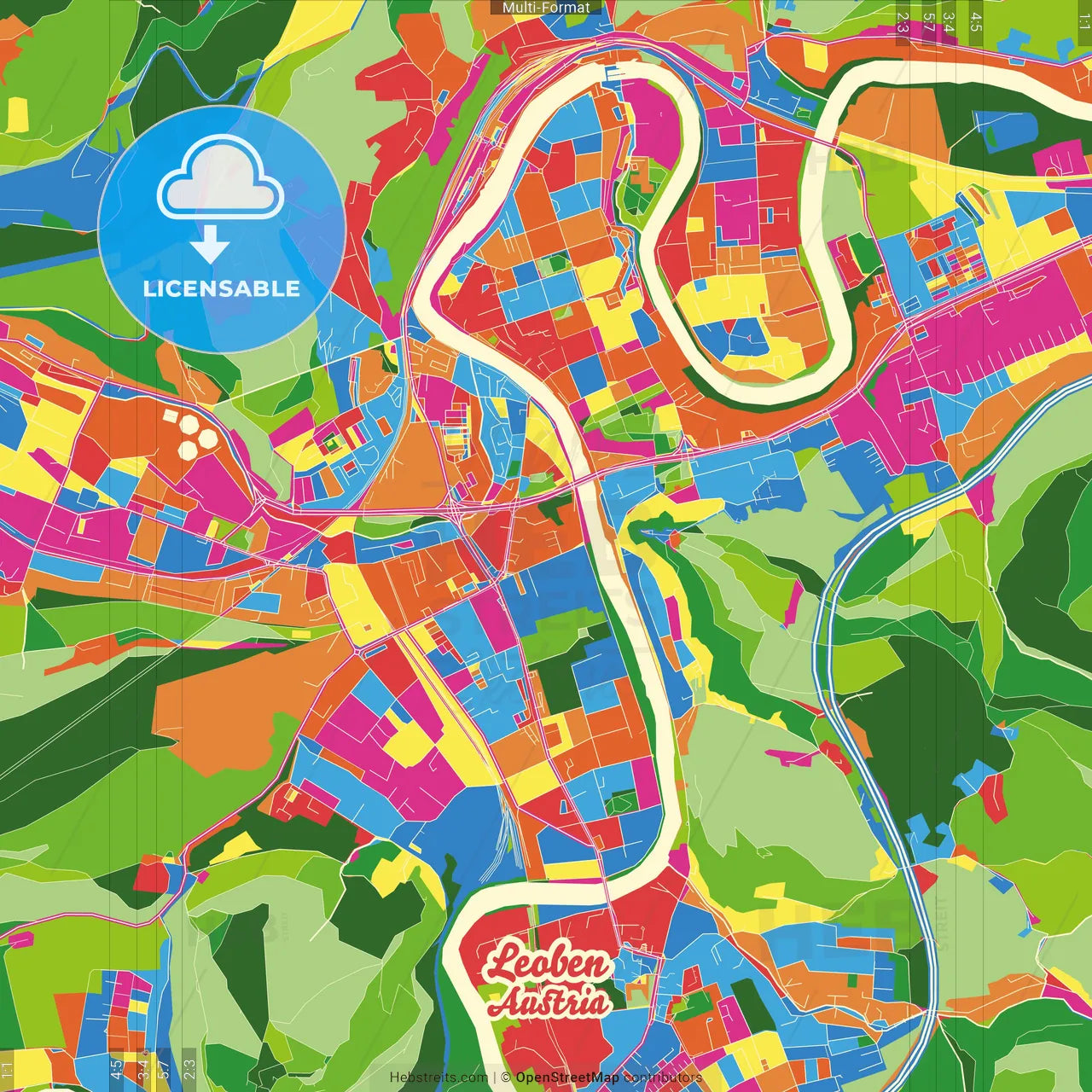 Leoben, Styria, Austria Crazy Colorful Street Map Poster Template