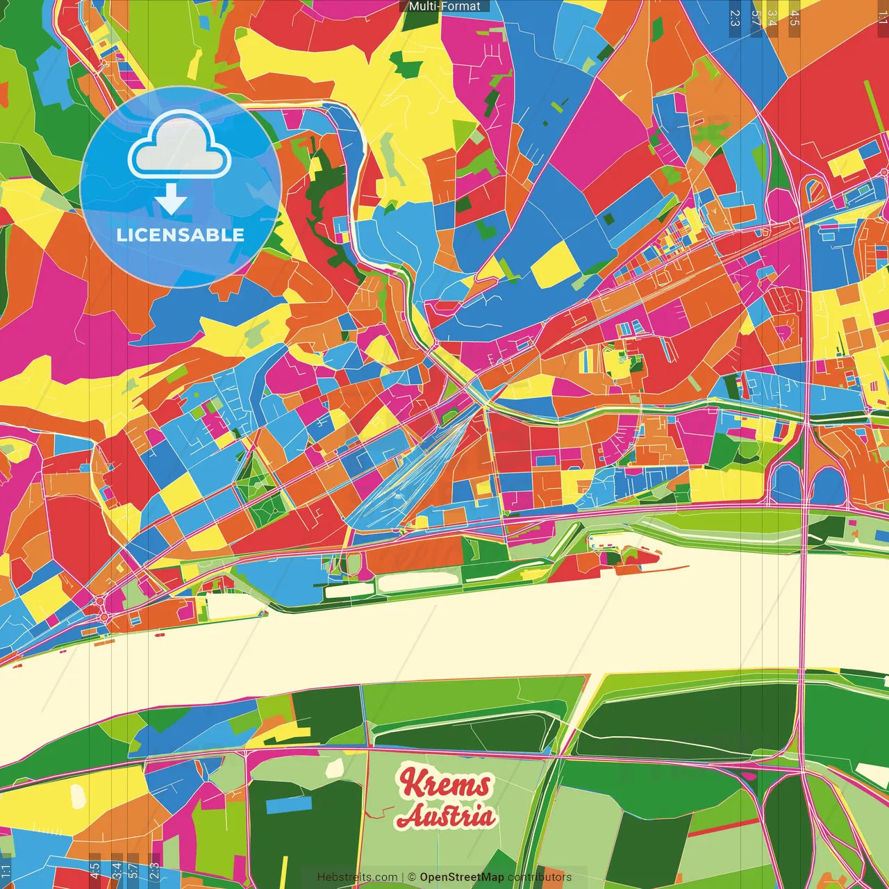 Krems, Lower Austria, Austria Crazy Colorful Street Map Poster Template