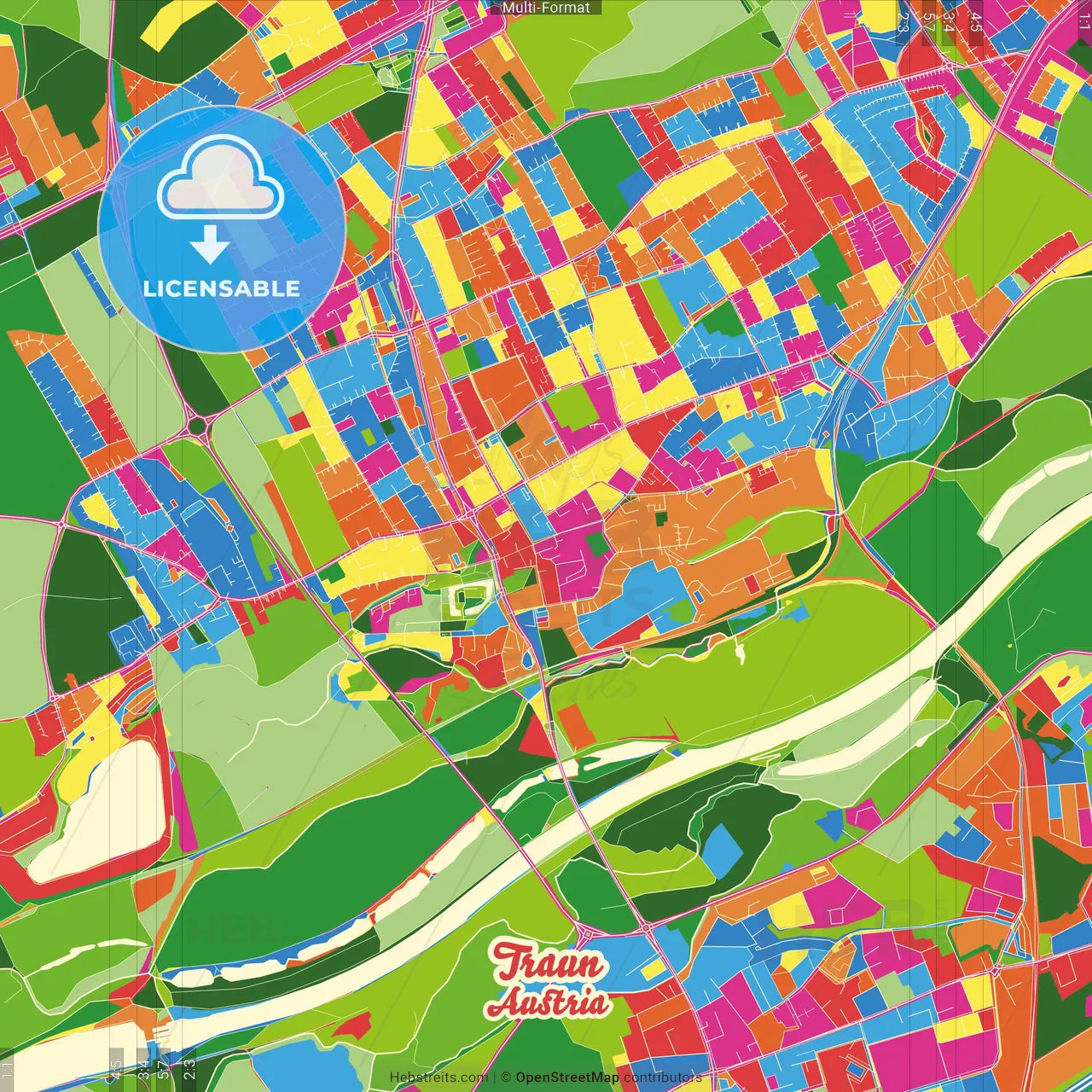 Traun, Upper Austria, Austria Crazy Colorful Street Map Poster Template