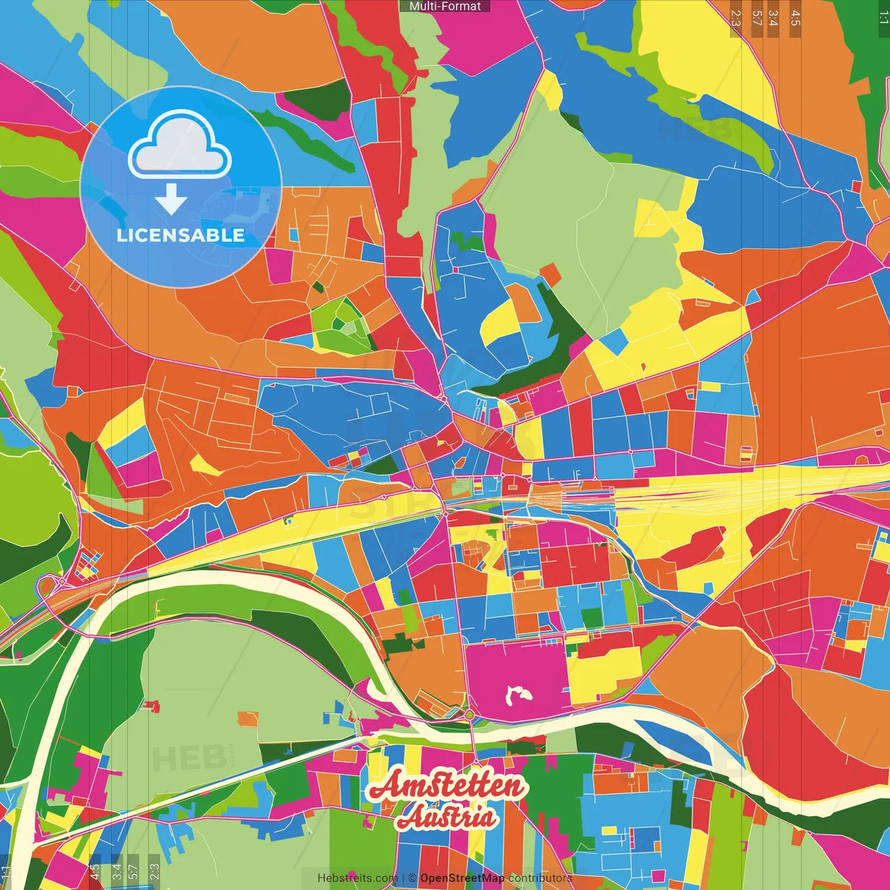 Amstetten, Lower Austria, Austria Crazy Colorful Street Map Poster Template