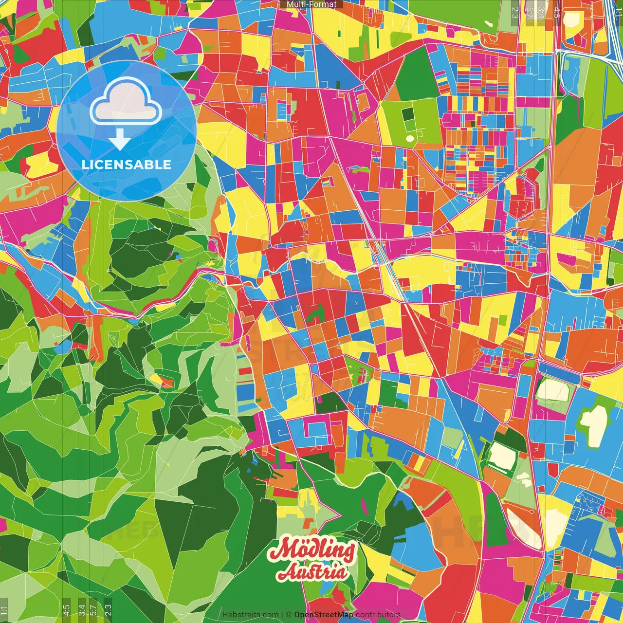 Mödling, Lower Austria, Austria Crazy Colorful Street Map Poster Template