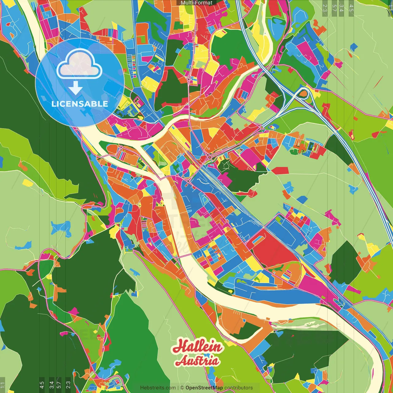 Hallein, Salzburg, Austria Crazy Colorful Street Map Poster Template
