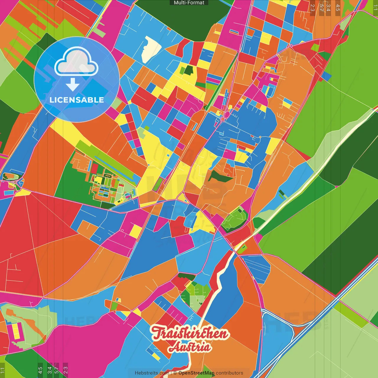 Traiskirchen, Lower Austria, Austria Crazy Colorful Street Map Poster Template