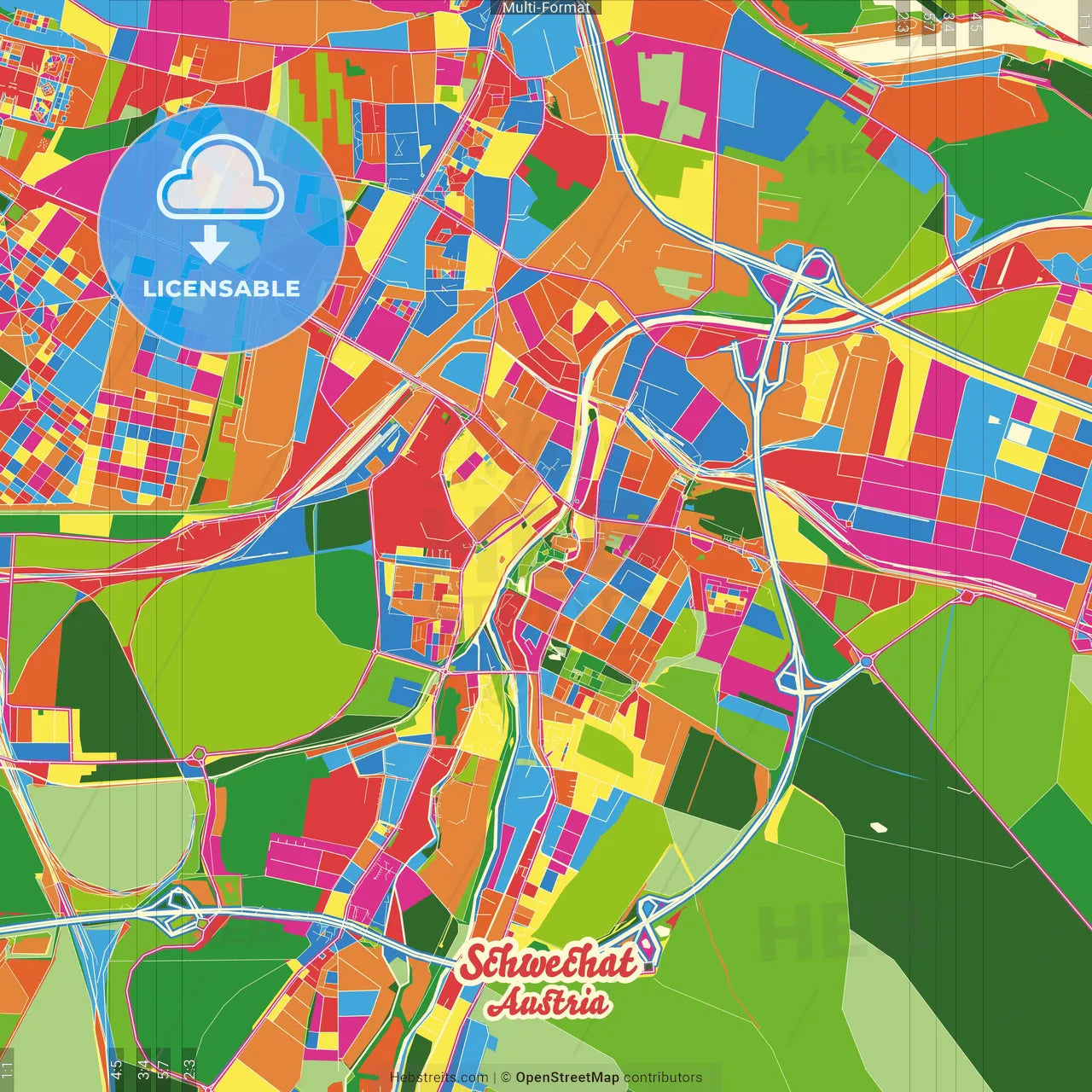 Schwechat, Lower Austria, Austria Crazy Colorful Street Map Poster Template