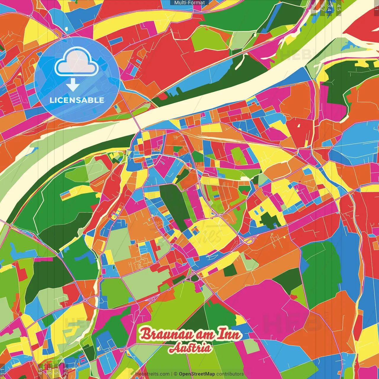 Braunau am Inn, Upper Austria, Austria Crazy Colorful Street Map Poster Template