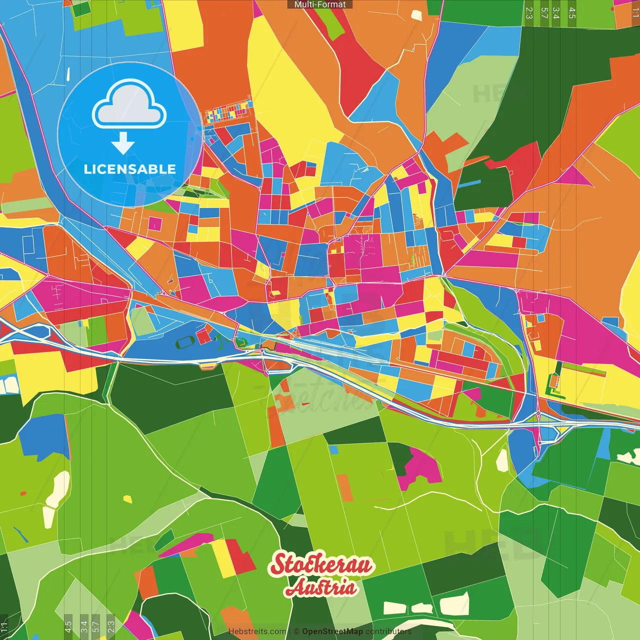 Stockerau, Lower Austria, Austria Crazy Colorful Street Map Poster Template
