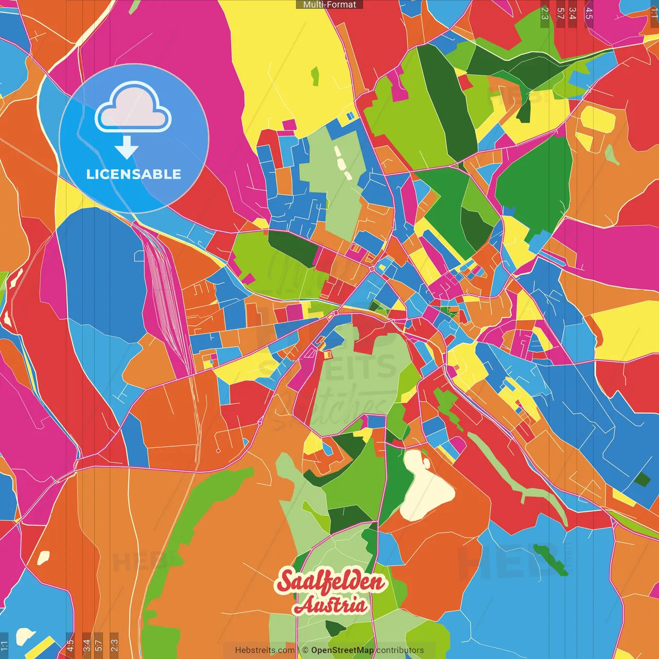 Saalfelden, Salzburg, Austria Crazy Colorful Street Map Poster Template