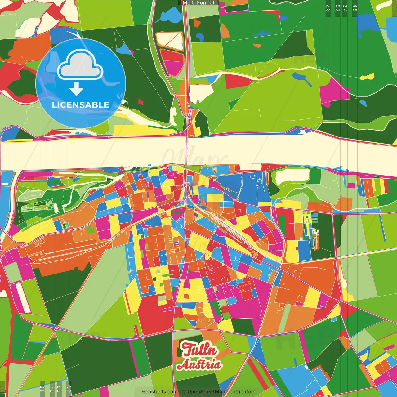 Tulln, Lower Austria, Austria Crazy Colorful Street Map Poster Template