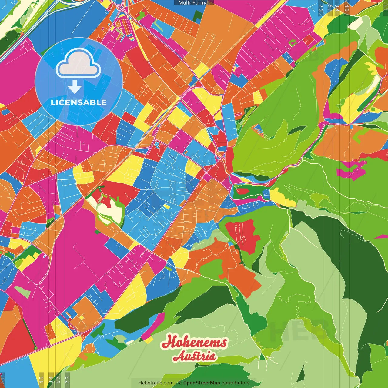 Hohenems, Vorarlberg, Austria Crazy Colorful Street Map Poster Template