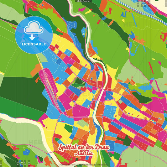 Spittal an der Drau, Carinthia, Austria Crazy Colorful Street Map Poster Template