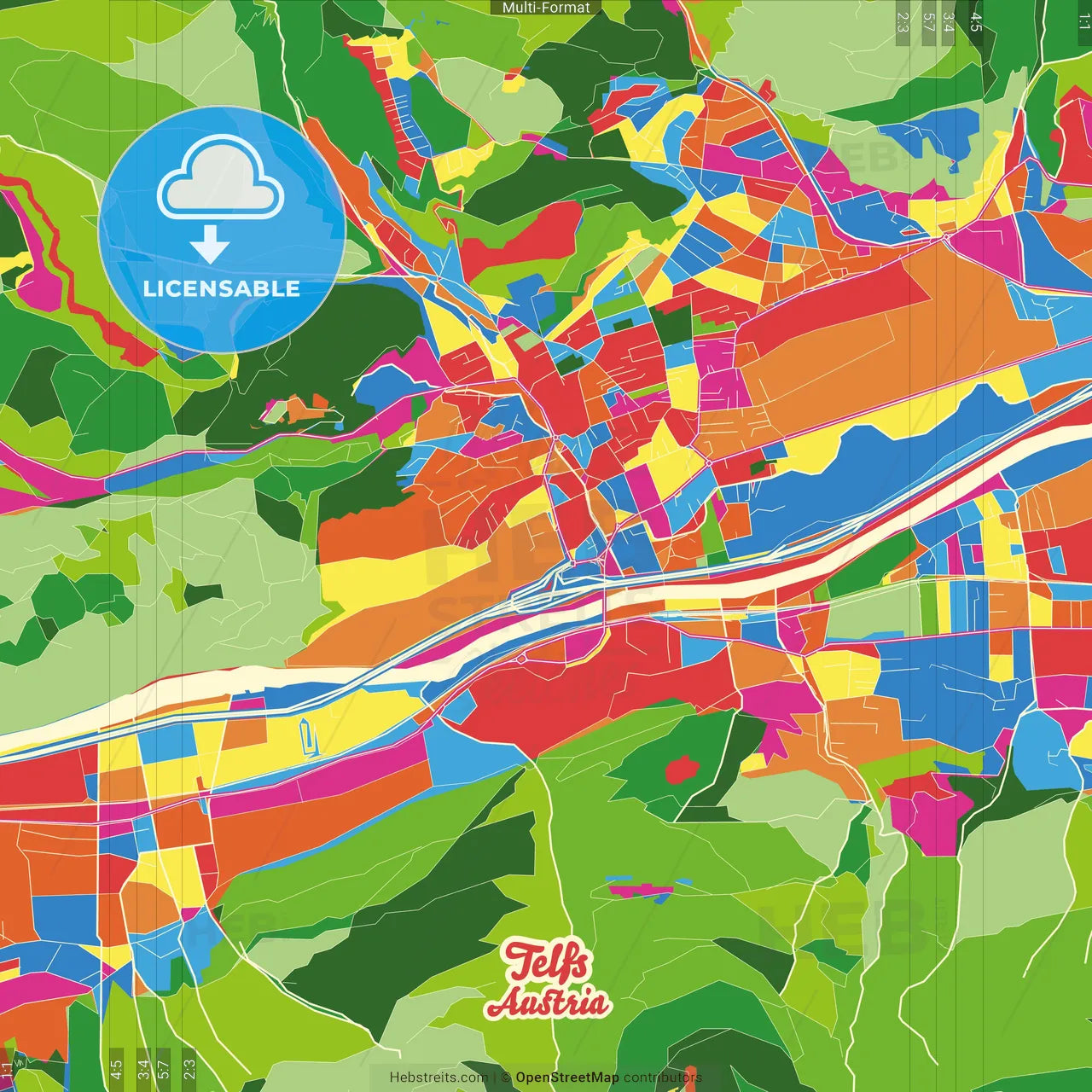 Telfs, Tyrol, Austria Crazy Colorful Street Map Poster Template