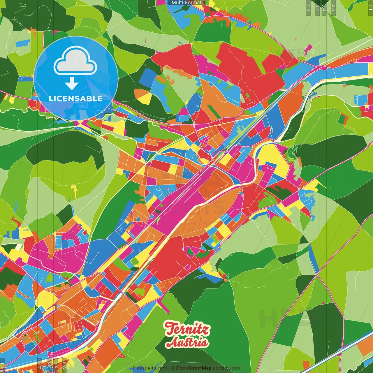 Ternitz, Lower Austria, Austria Crazy Colorful Street Map Poster Template