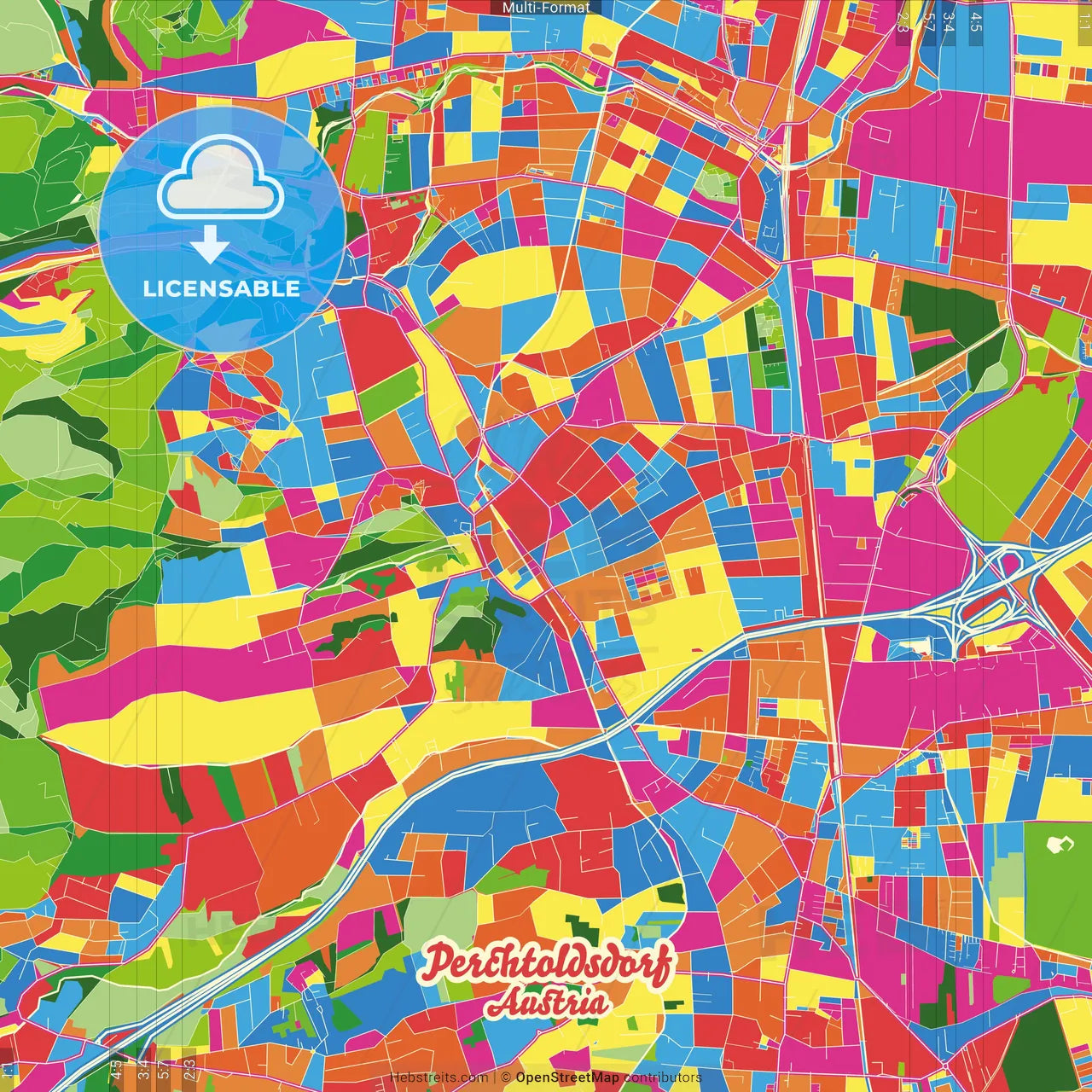 Perchtoldsdorf, Lower Austria, Austria Crazy Colorful Street Map Poster Template