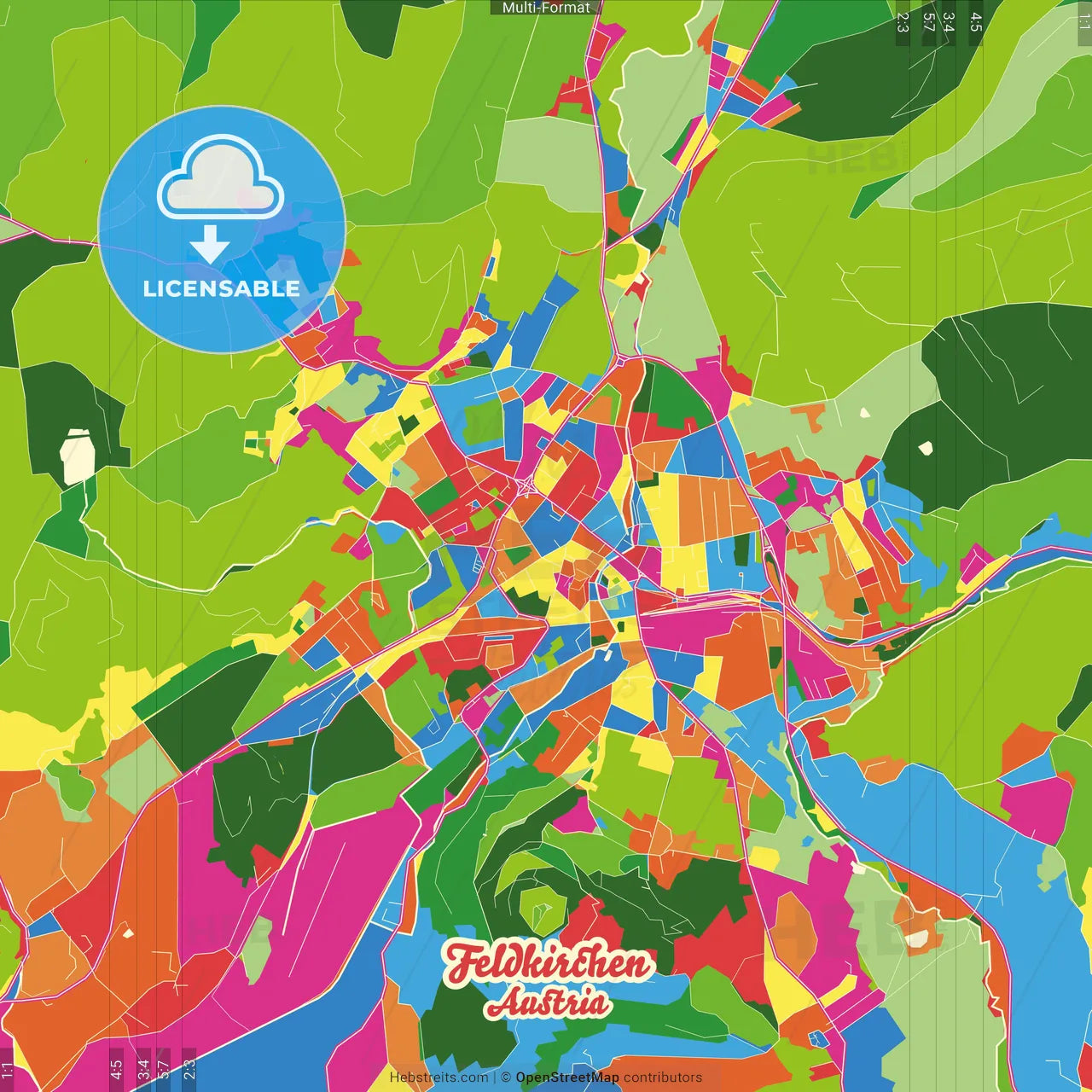 Feldkirchen, Carinthia, Austria Crazy Colorful Street Map Poster Template