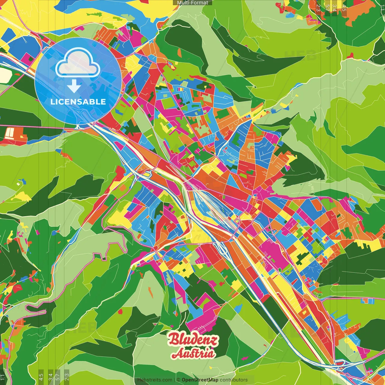Bludenz, Vorarlberg, Austria Crazy Colorful Street Map Poster Template