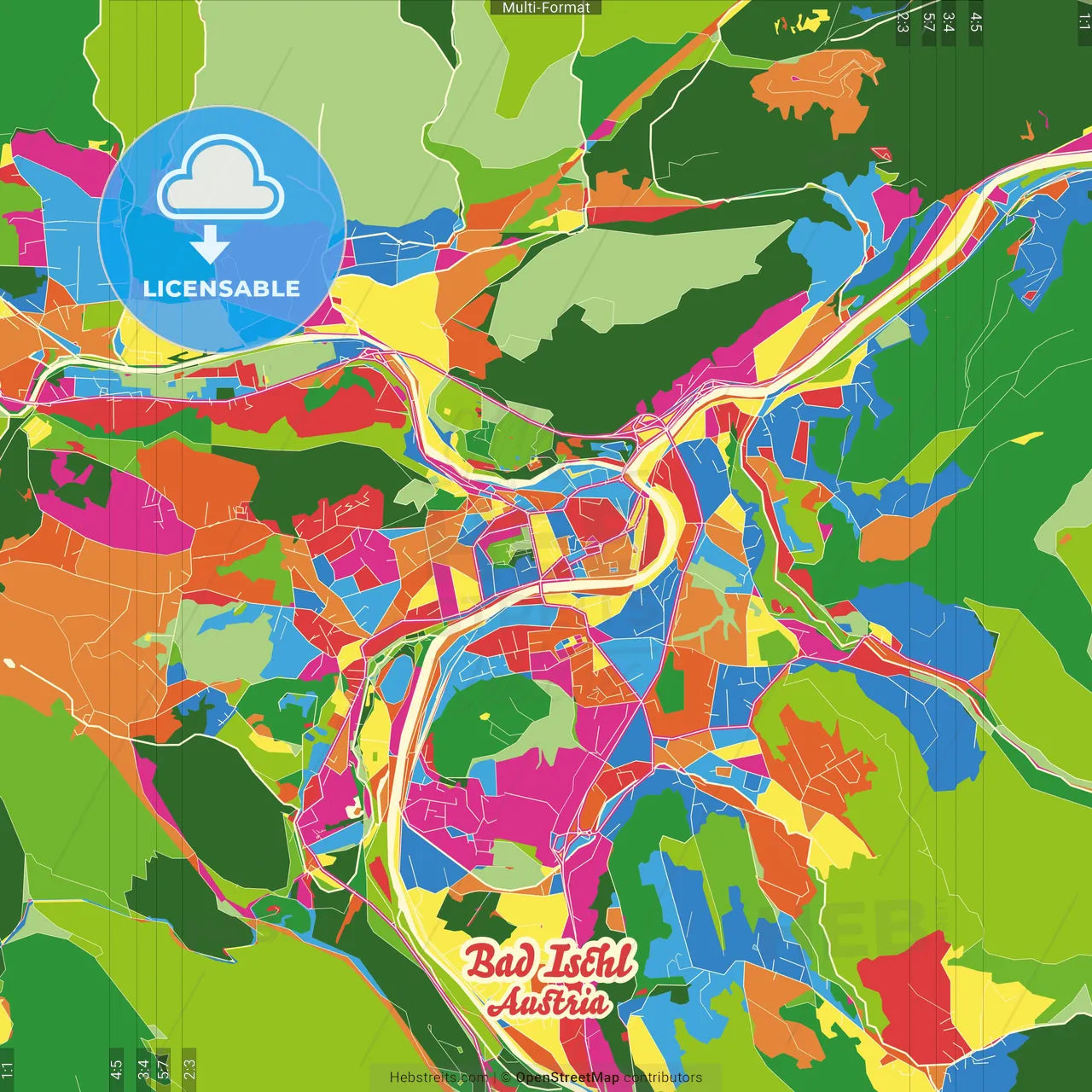 Bad Ischl, Upper Austria, Austria Crazy Colorful Street Map Poster Template