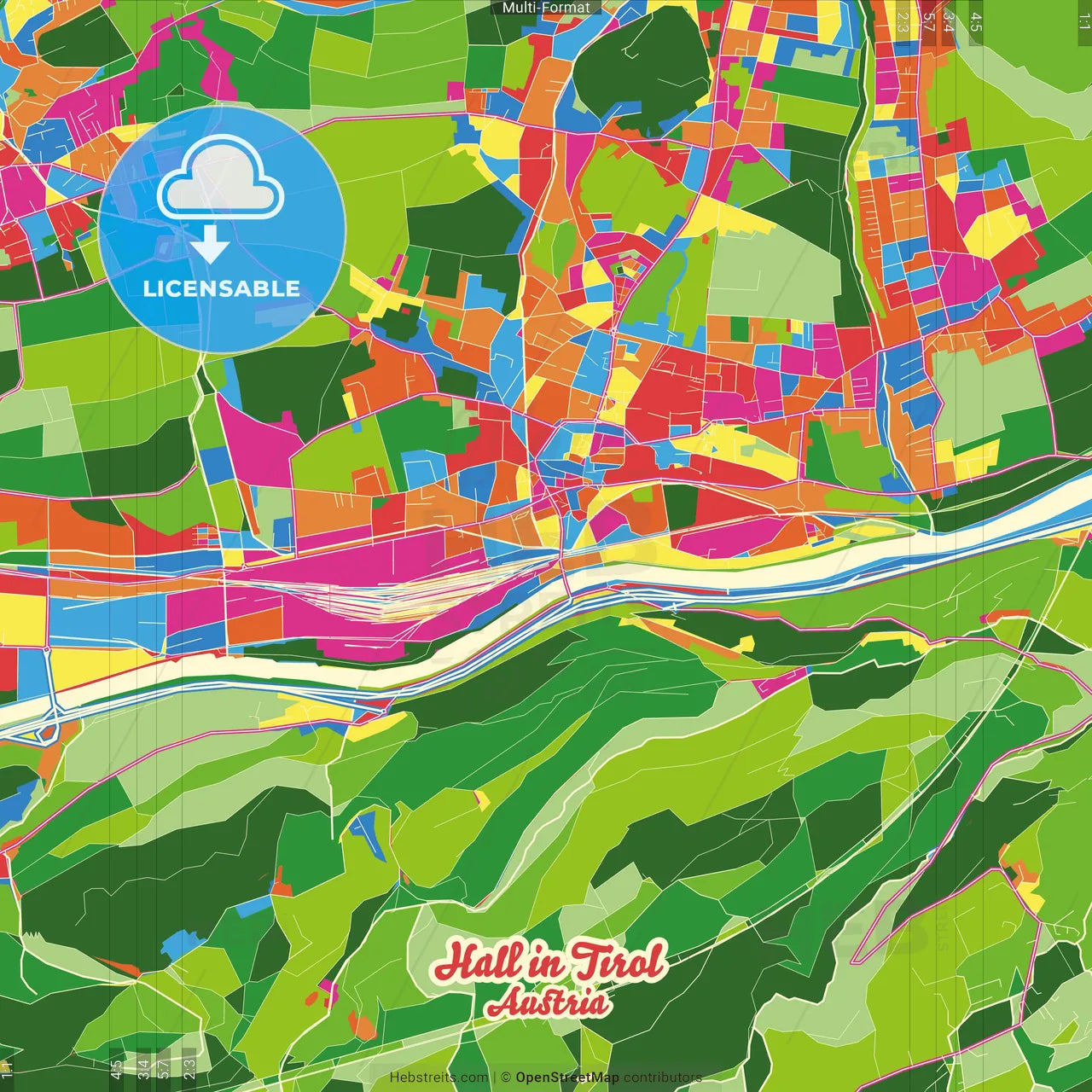 Hall in Tirol, Tyrol, Austria Crazy Colorful Street Map Poster Template