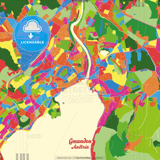Gmunden, Upper Austria, Austria Crazy Colorful Street Map Poster Template