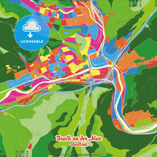 Bruck an der Mur, Styria, Austria Crazy Colorful Street Map Poster Template