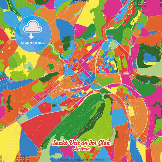 Sankt Veit an der Glan, Carinthia, Austria Crazy Colorful Street Map Poster Template