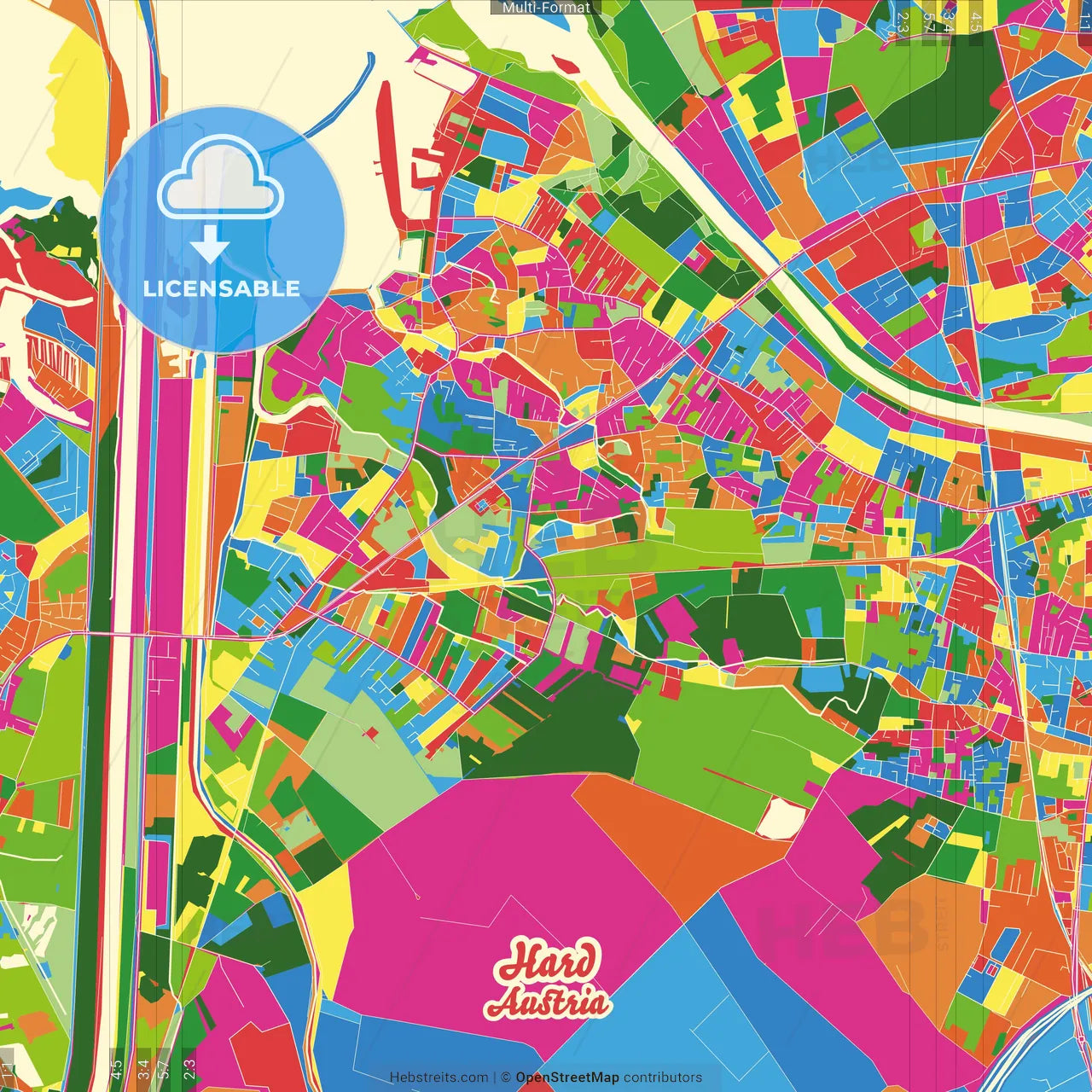 Hard, Vorarlberg, Austria Crazy Colorful Street Map Poster Template