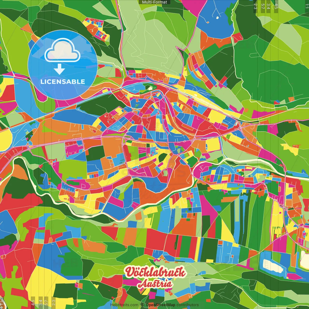 Vöcklabruck, Upper Austria, Austria Crazy Colorful Street Map Poster Template