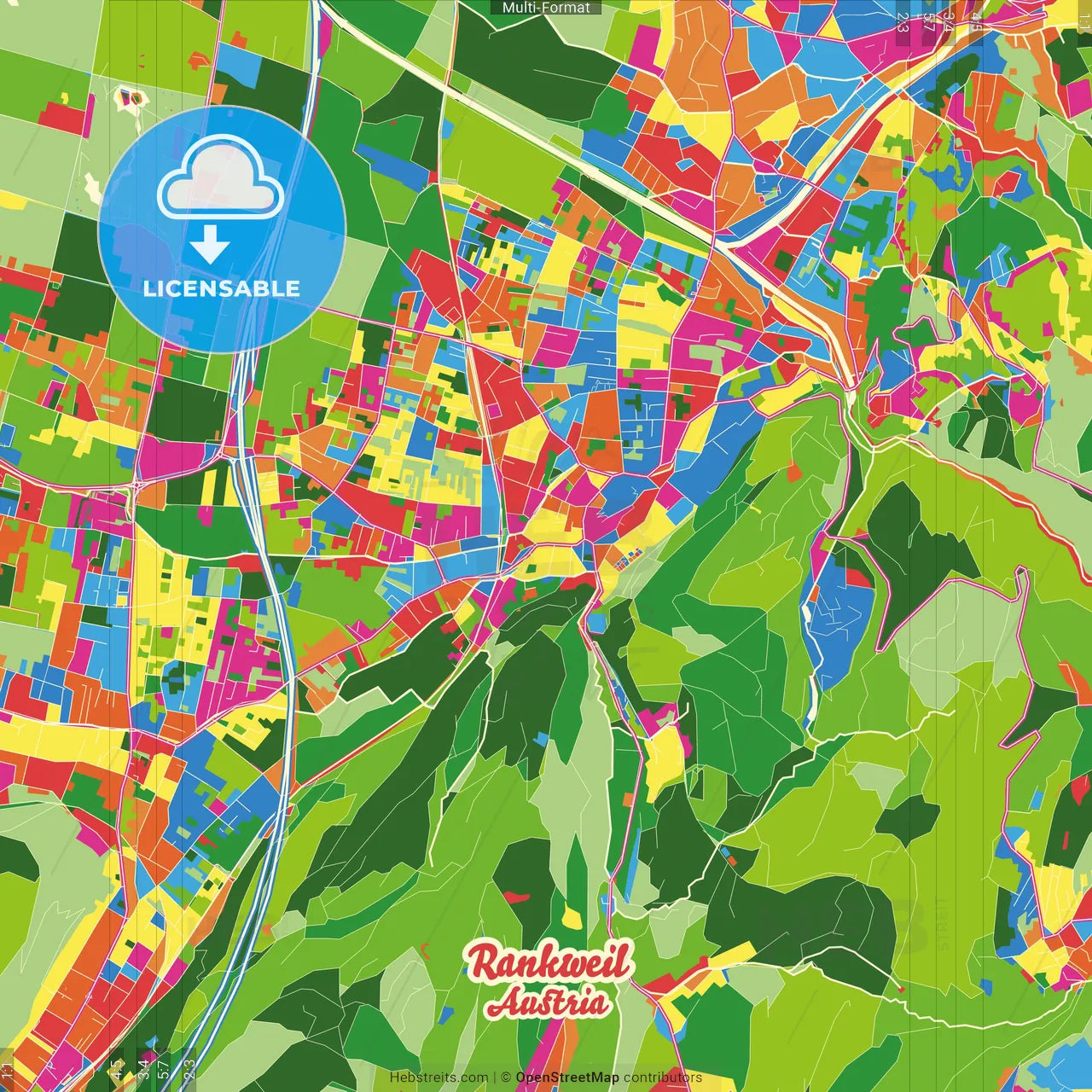 Rankweil, Vorarlberg, Austria Crazy Colorful Street Map Poster Template