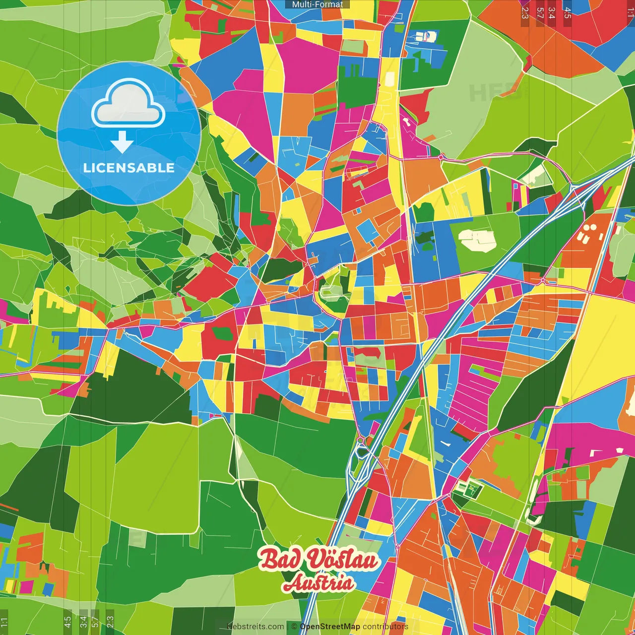 Bad Vöslau, Lower Austria, Austria Crazy Colorful Street Map Poster Template