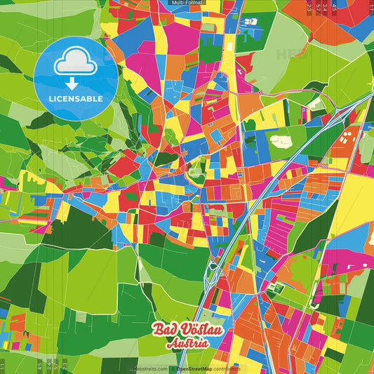 Bad Vöslau, Lower Austria, Austria Crazy Colorful Street Map Poster Template