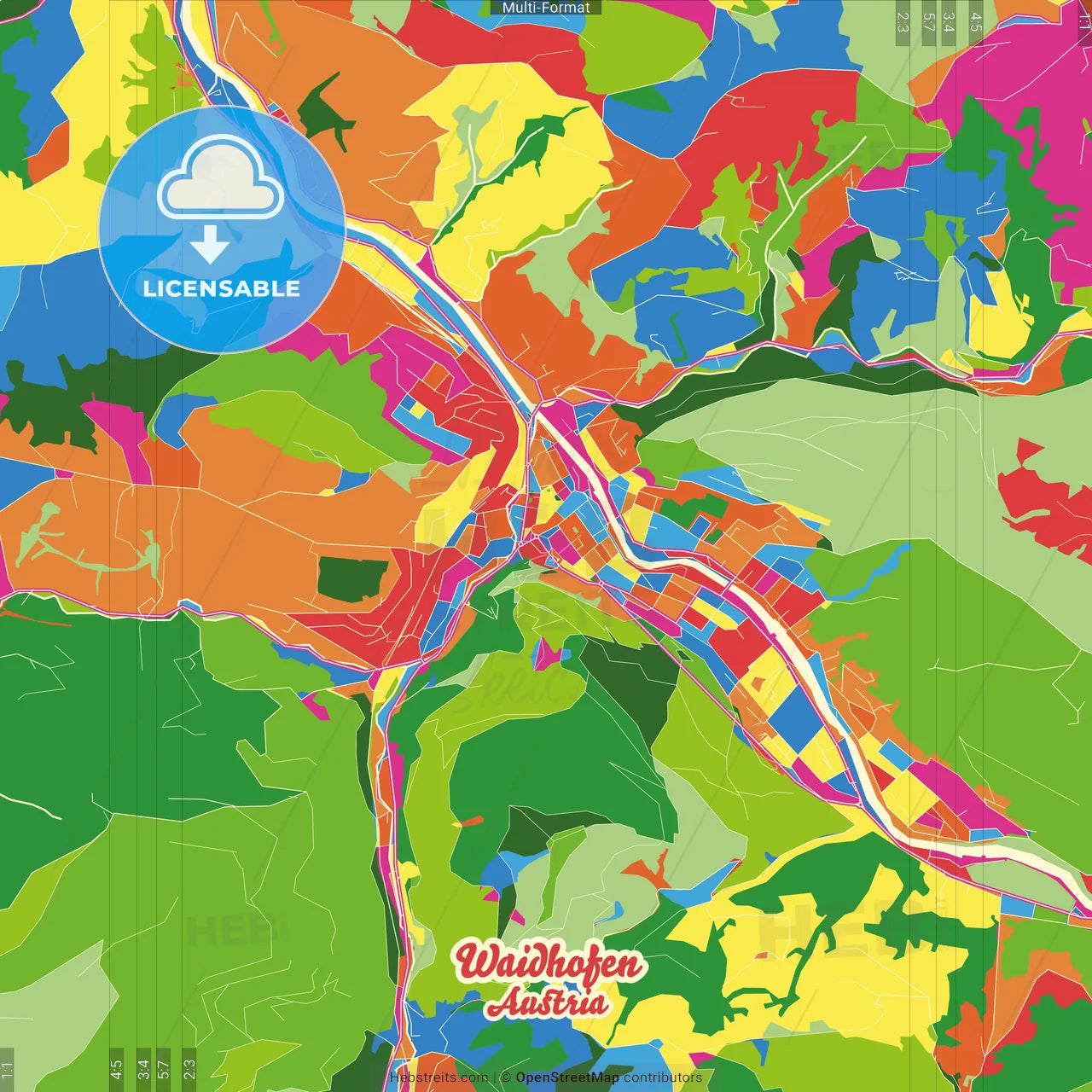 Waidhofen, Lower Austria, Austria Crazy Colorful Street Map Poster Template