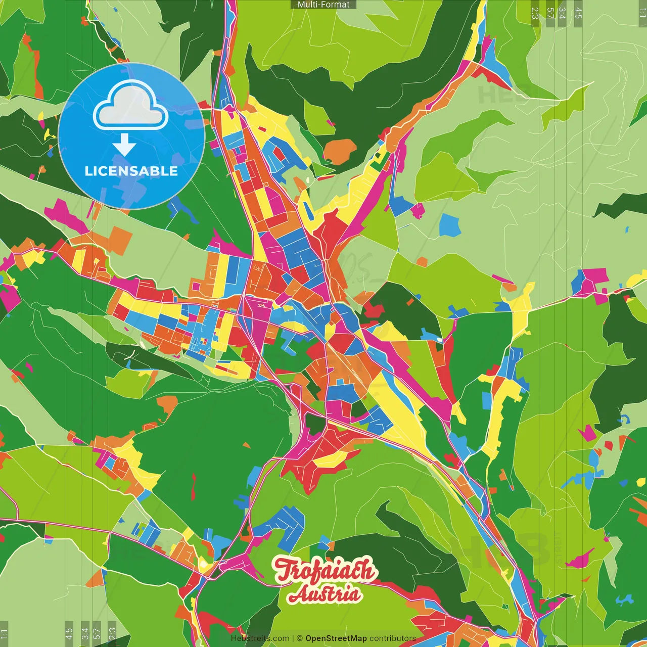 Trofaiach, Styria, Austria Crazy Colorful Street Map Poster Template